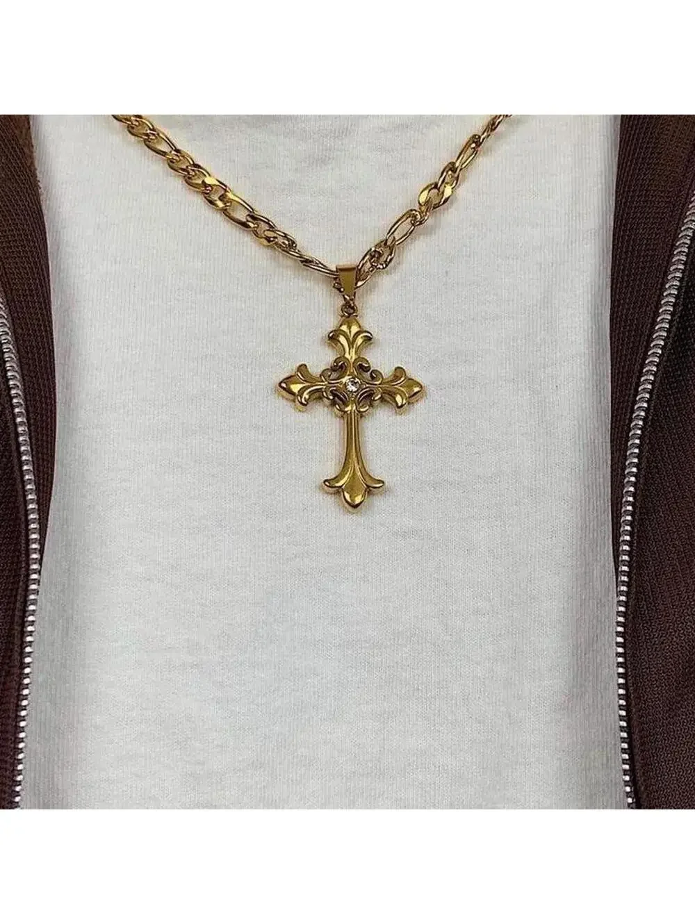 Y2K Gold Stainless Steel Cross Pendant Stone Necklace 20 Inch Unisex